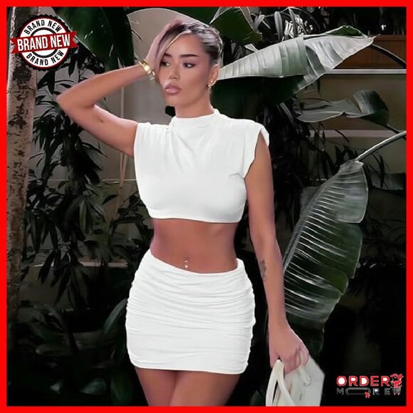 Ruched Bodycon Mini Skirt Set - Cap Sleeve Crop Top - Y2K Trendy - Picture 3 of 7